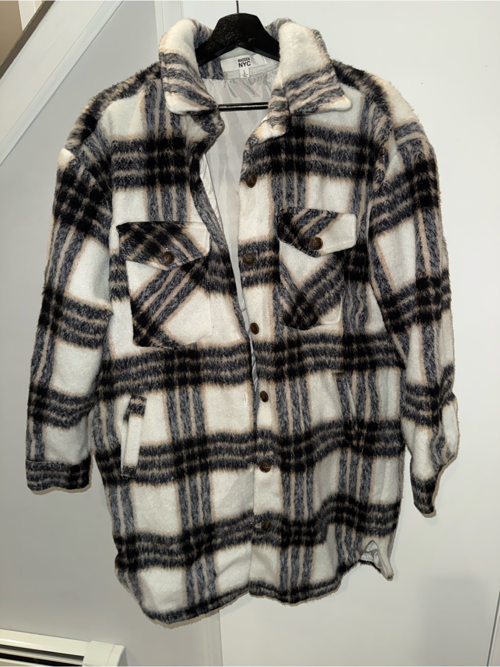 Plaid Wool-Blend Trench Coat Jacket - Black & White